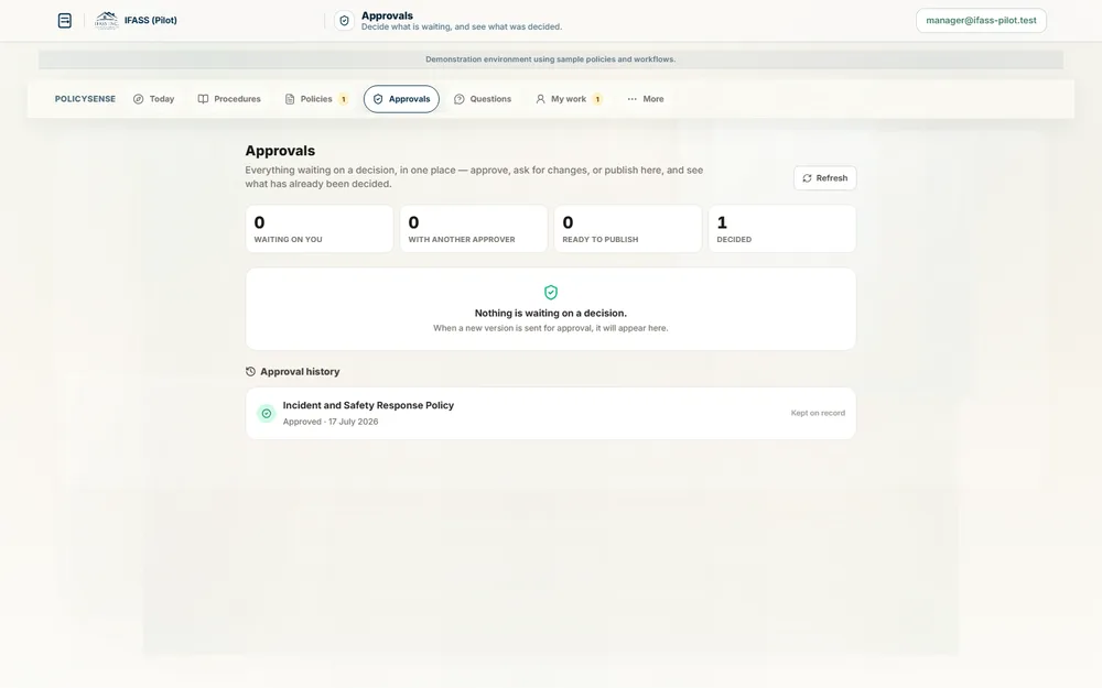 The PolicySense Approvals workspace showing work ready for a decision.