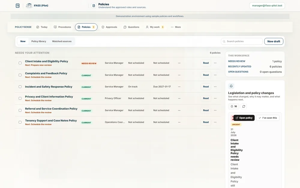 The PolicySense Policies workspace with the New draft action.