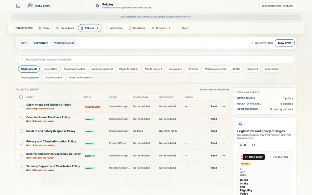 The PolicySense policy library with search and policy records.