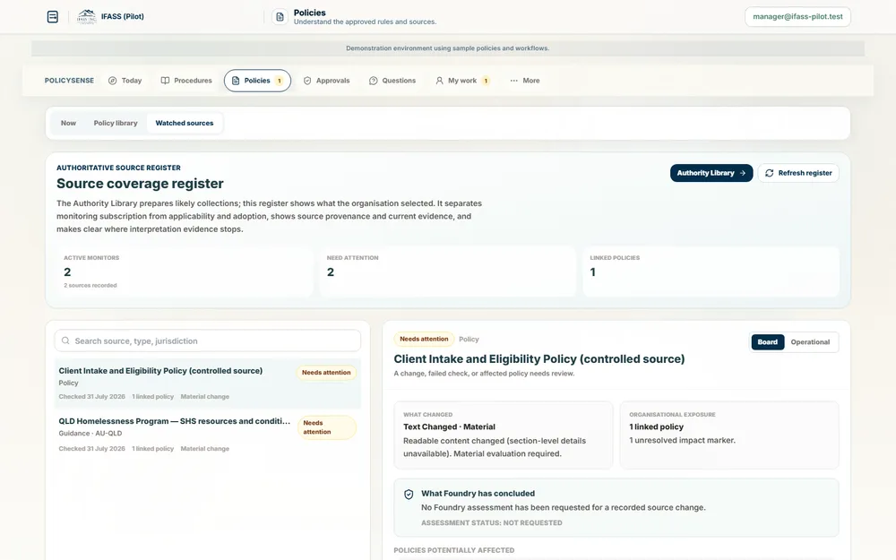 The PolicySense Watched sources workspace showing a source that needs attention.